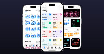 Evoday promotional composition with three silver iPhones on a dark blue gradient; the left phone shows the yearly calendar, the center phone shows the Today grid, and the right phone shows the Home Screen widgets