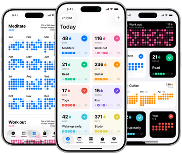 Evoday promotional composition with three silver iPhones; the left phone shows the yearly calendar, the center phone shows the Today grid, and the right phone shows the Home Screen widgets