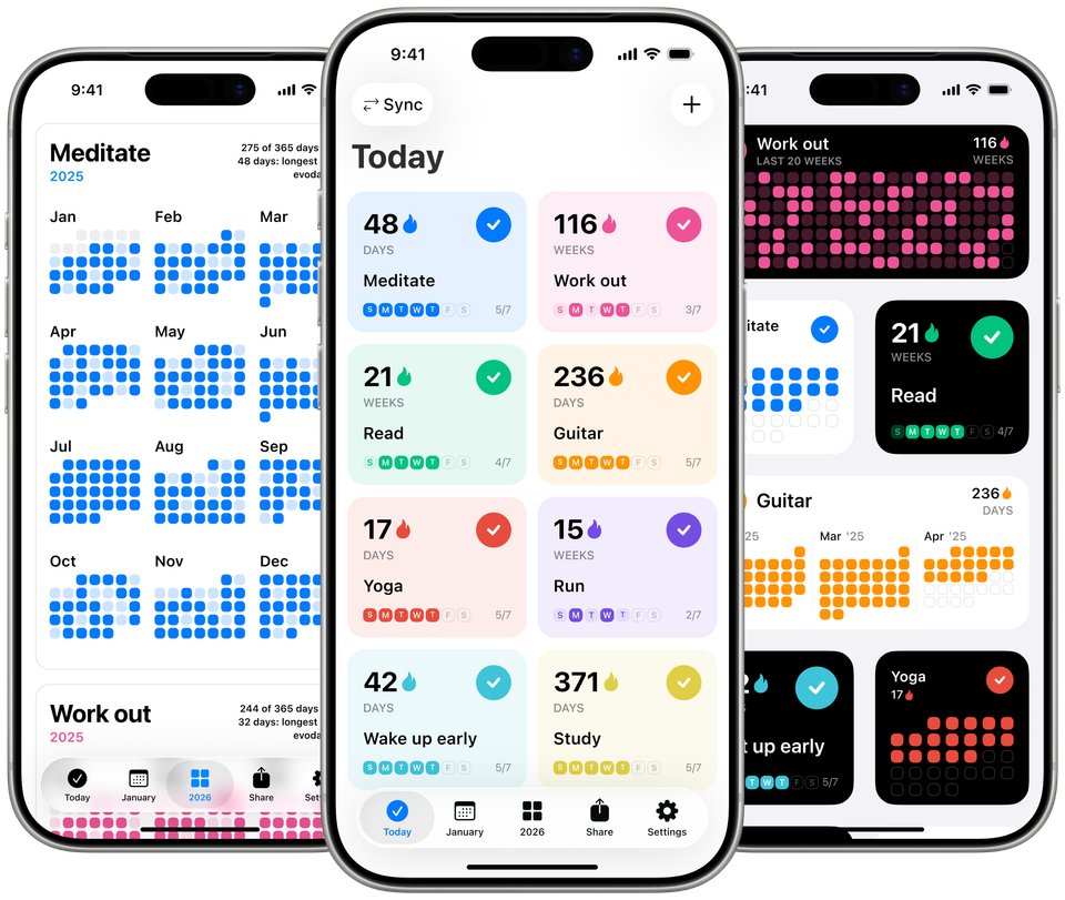 Evoday on three silver iPhones showing the yearly calendar, Today grid, and Home Screen widgets