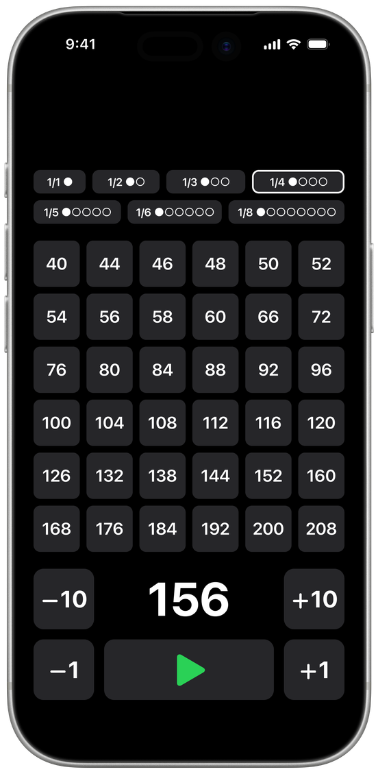 Metronome main screen shown in a full iPhone mockup