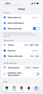 Evoday Settings screen showing theme, app icon, Today layout, and yearly calendar controls