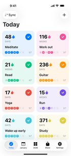 Evoday Today screen showing eight habits in the grid layout
