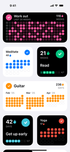 Evoday showcase displaying several Home Screen widget layouts and habit styles