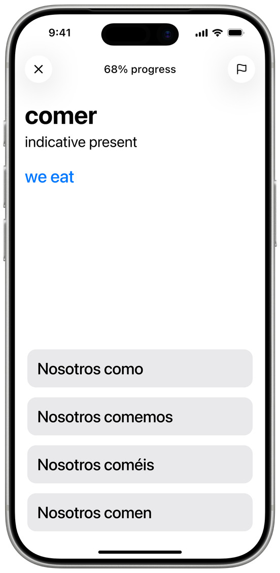Verb Dojo conjugation quiz shown in a full iPhone mockup